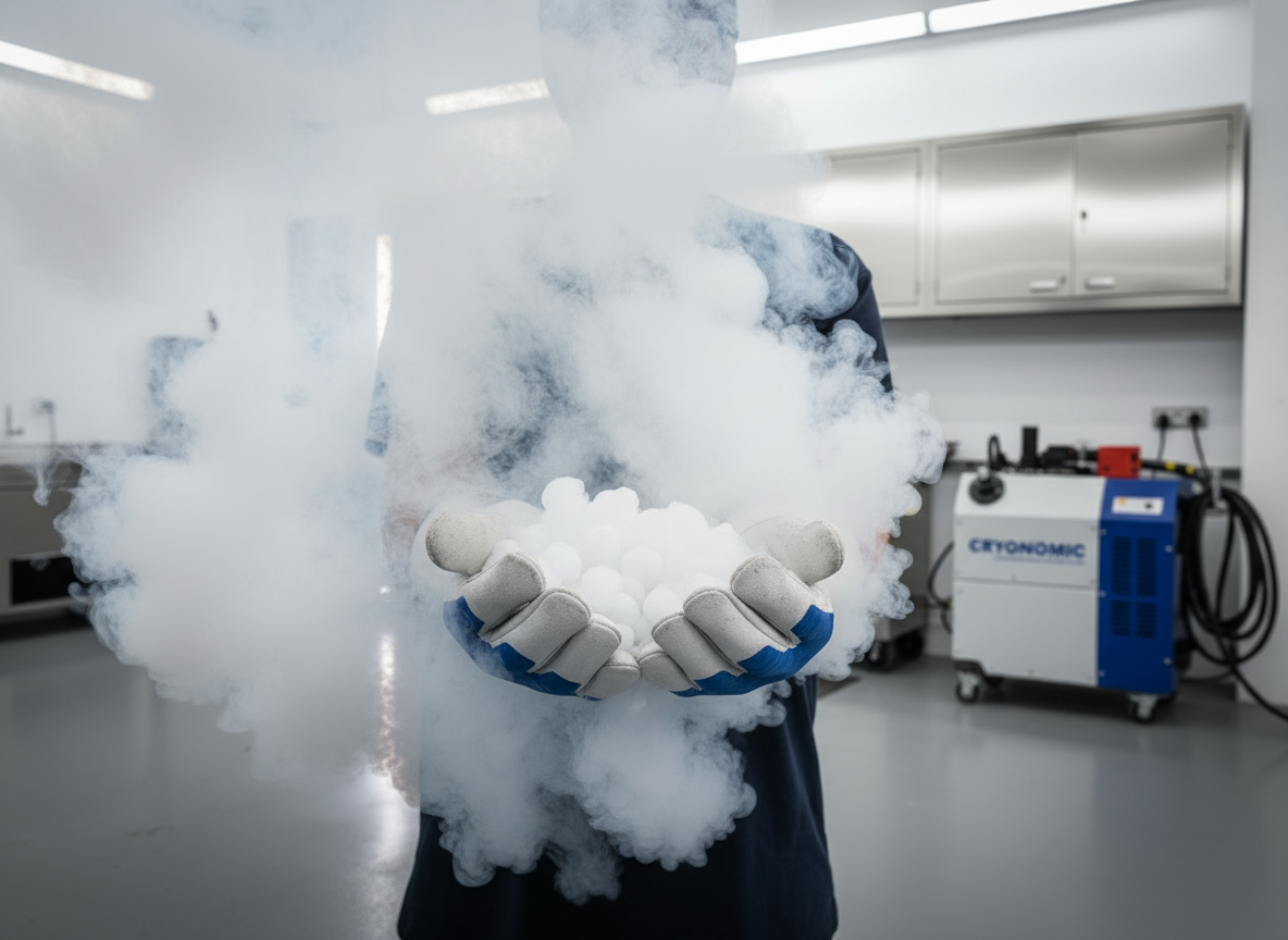 Dry ice pellets held in gloved hands with the typical white cryogenic smoke effect rising around them, high detail, dramatic lighting, professional cryogenic cleaning context